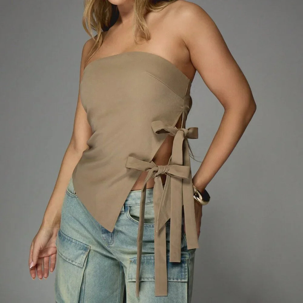 Apricot Casual Women's Asymmetric Hem Bow Detail Bandeau Top